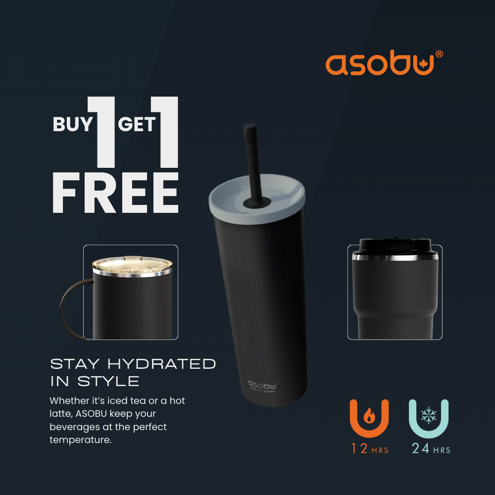 Black tumbler with lid and straw on a dark background, featuring Asobu branding and promotional text.