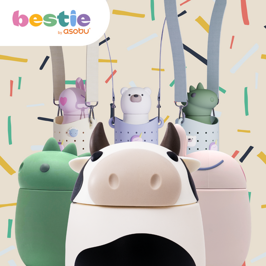 Collection of cute animal-shaped containers with a colorful background featuring the brand 'bestie by asobu'.