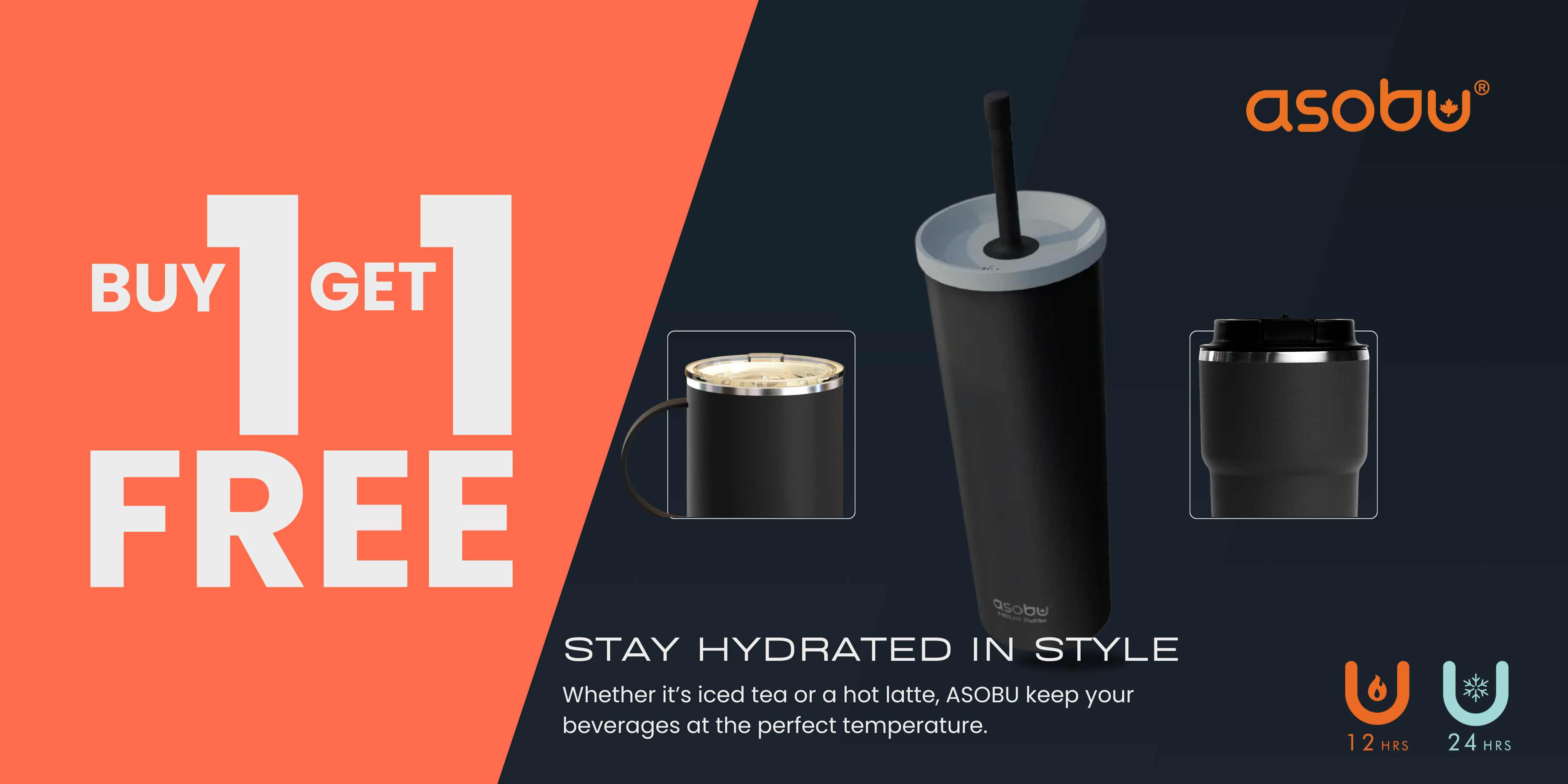 Promotional graphic for Asobu products with 'Buy 1 Get 1 Free' offer on an orange and black background.