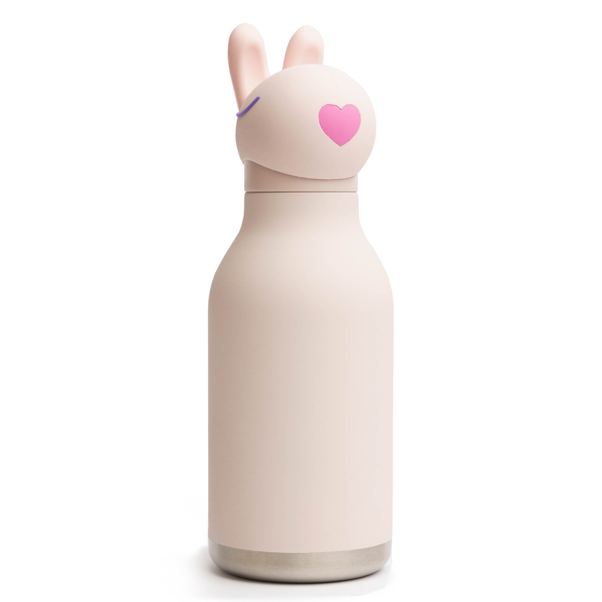 Beige water bottle with bunny design and pink heart on a white background