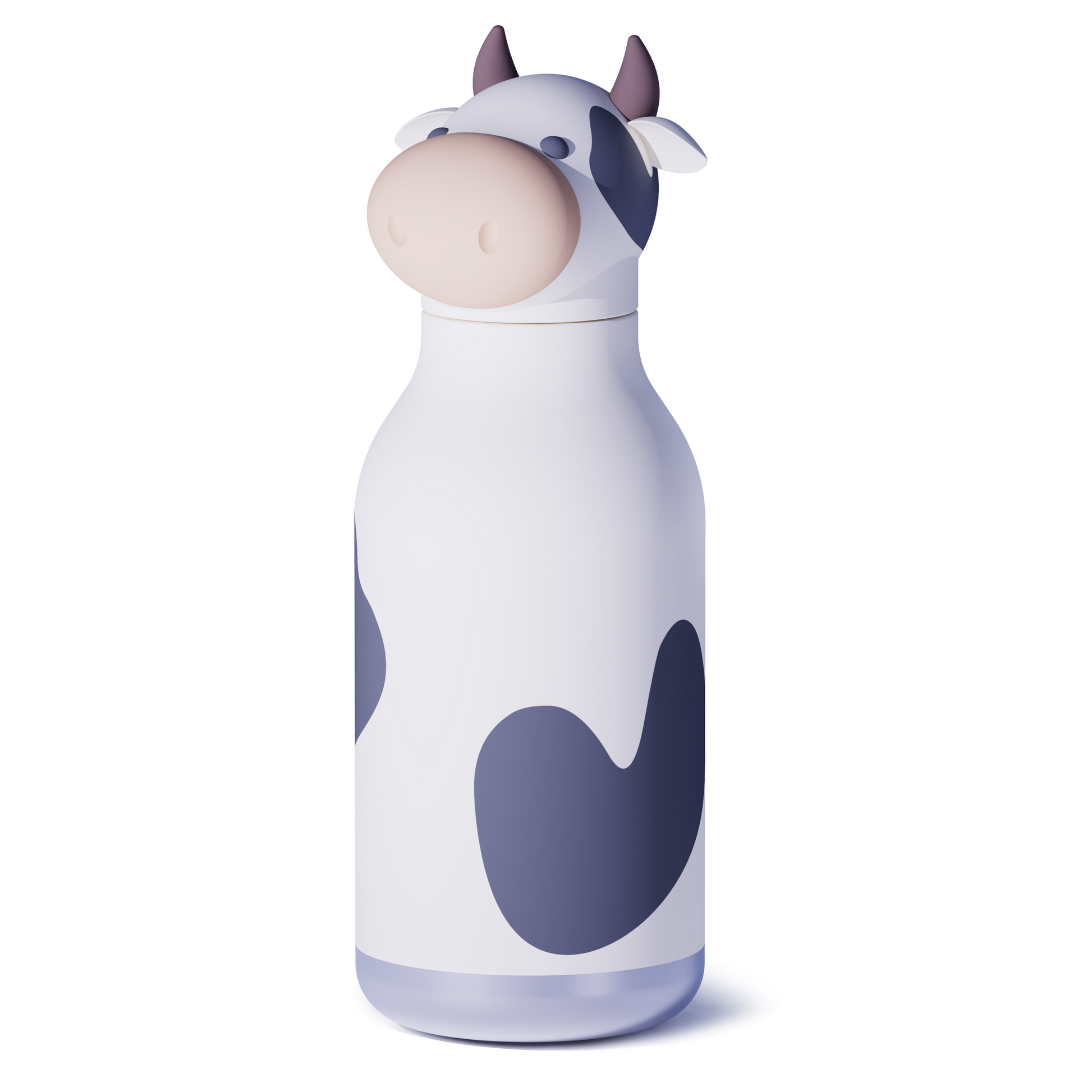 Cow-themed water bottle on a white background