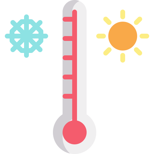Thermometer icon with snowflake and sun on a white background